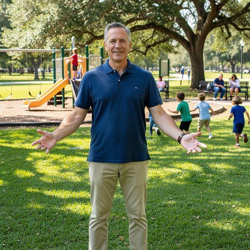 Widok na rodzinę bawiącą się w parku, z udogodnieniami dla niepełnosprawnych.